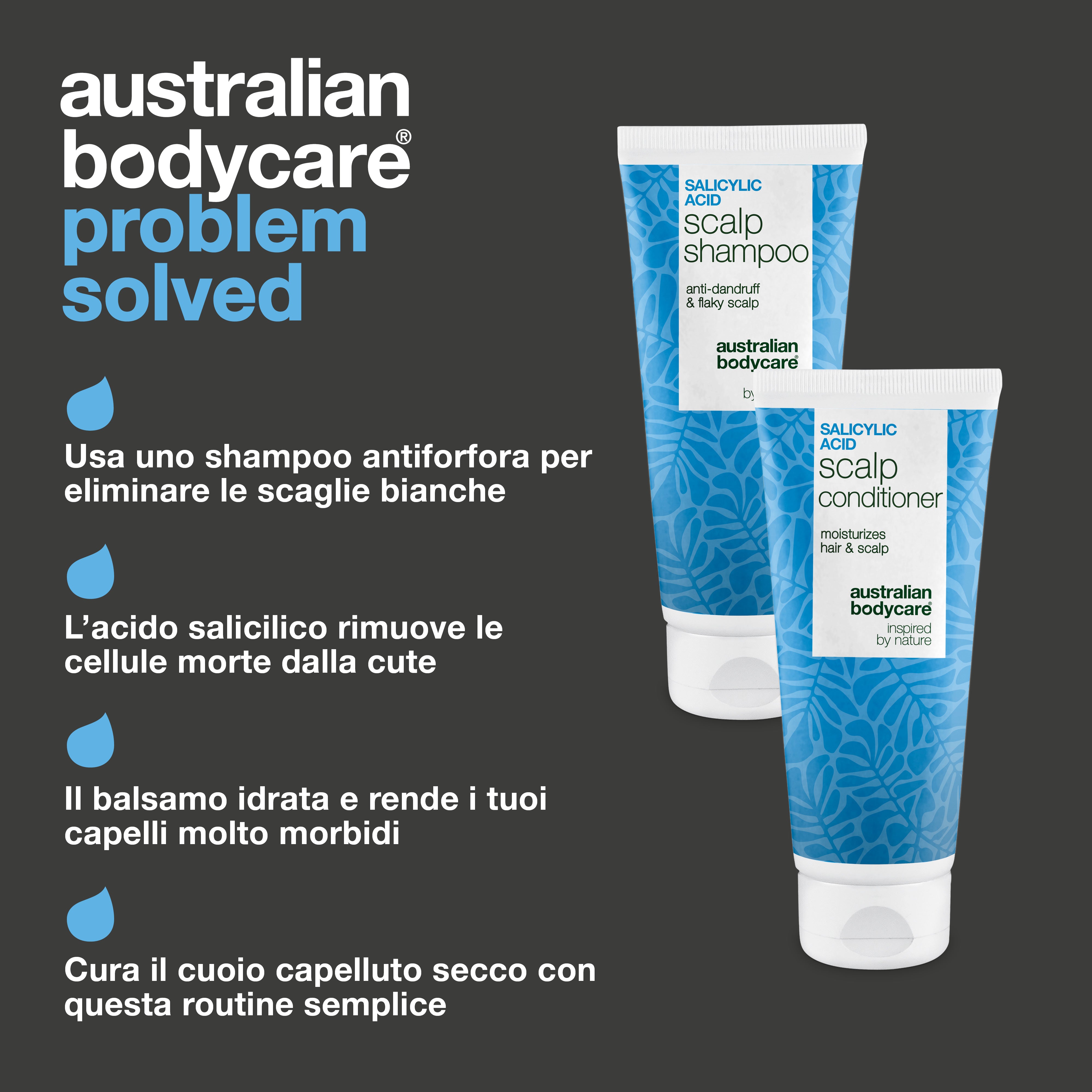 I vantaggi del kit: shampoo antiforfora, Acido Salicilico che rimuove le cellule morte e balsamo che idrata i capelli