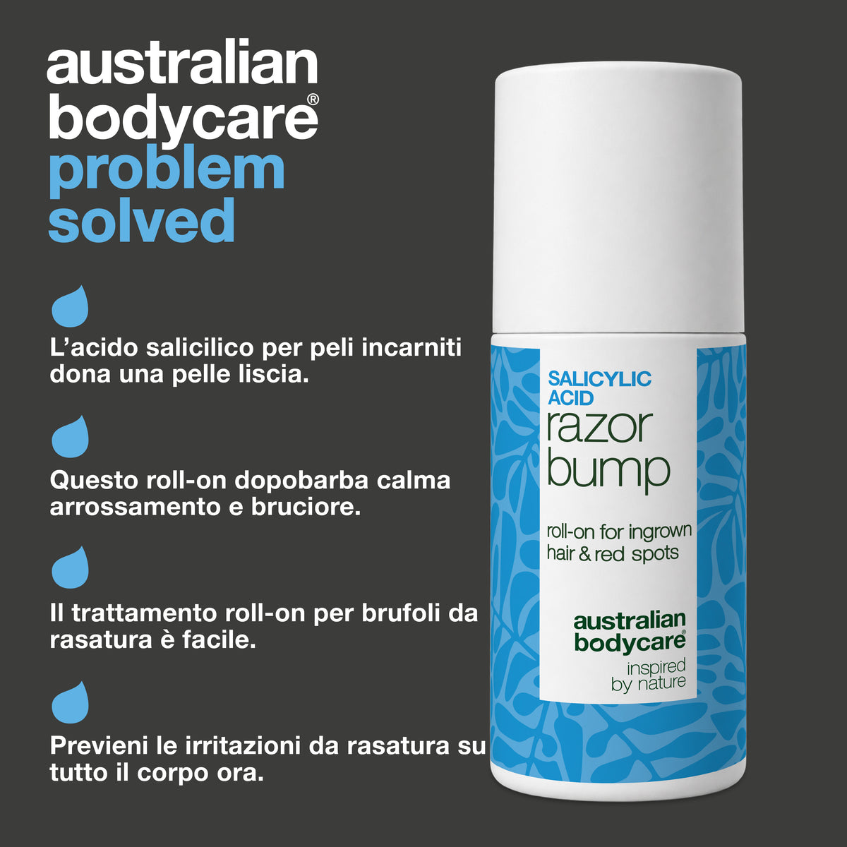 Roll-on Salicylic Acid Razor Bump di Australian Bodycare: l’acido salicilico per peli incarniti dona una pelle liscia, questo roll-on dopobarba calma arrossamento e bruciore, il trattamento per brufoli da rasatura è facile e previene le irritazioni da rasatura su tutto il corpo.