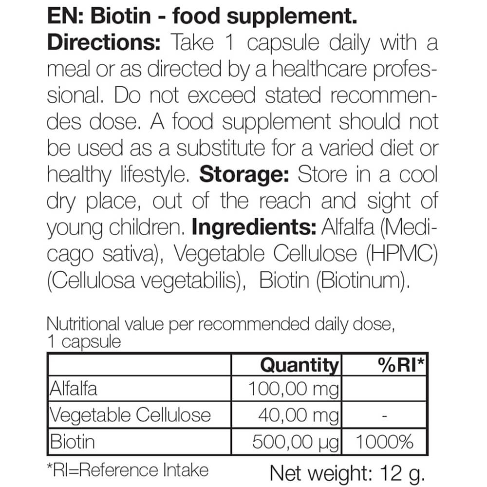 Integratore Biotina 500 µg – Vitamina B7 – 90 compresse — Integratore con 500 µg di biotina B7 – supporto per capelli, pelle e mucose. Contiene biotina, Medicago sativa e cellulosa.