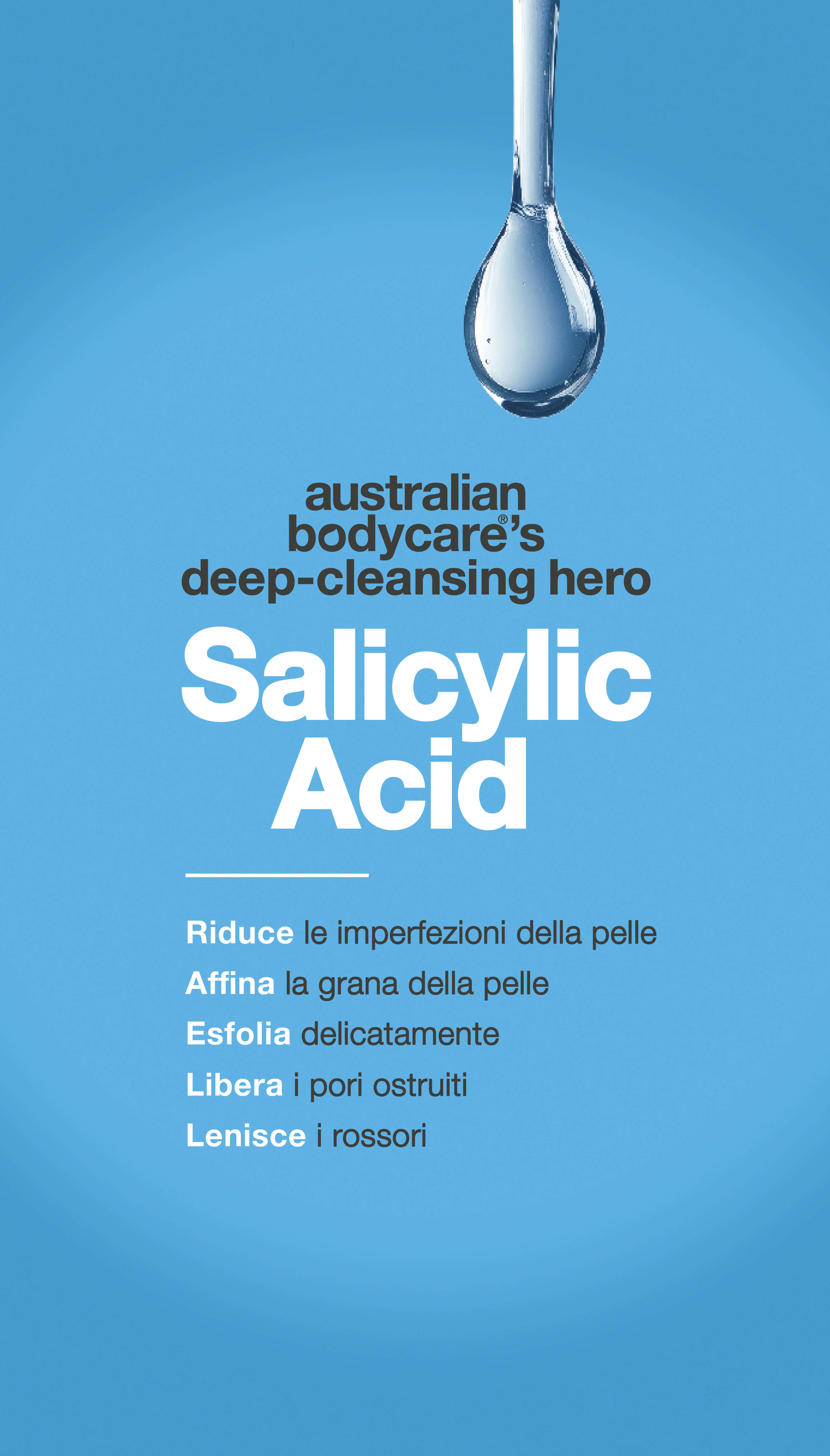 Grafica promozionale di Australian Bodycare con una goccia di liquido in alto e testo su sfondo blu. Evidenzia l’acido salicilico come un 'eroe della pulizia profonda' che libera i pori, riduce le imperfezioni, esfolia delicatamente, lenisce i rossori e affina la grana della pelle.