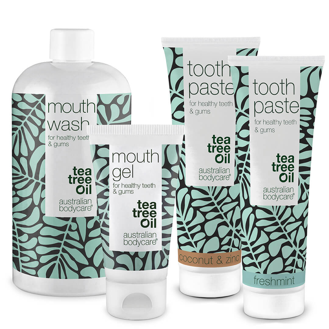 Kit igiene orale con 4 prodotti al Tea Tree Oil - Per la cura quotidiana della bocca in caso di mughetto orale, parodontite e gengivite